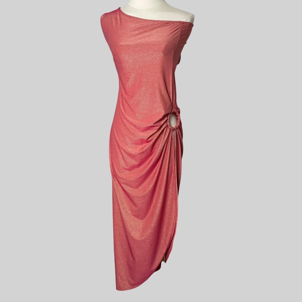 PQ Swim Cover Dress M/L Pink Shimmer One Shoulder Ring Cutout Ruched Resort Wear